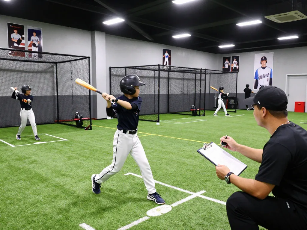 A young athlete practicing at hitclub's professional indoor batting facility.