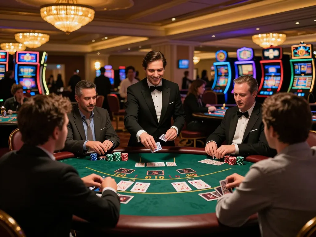 Players strategize at LODE88 blackjack table under warm lighting, showcasing a thrilling casino atmosphere.