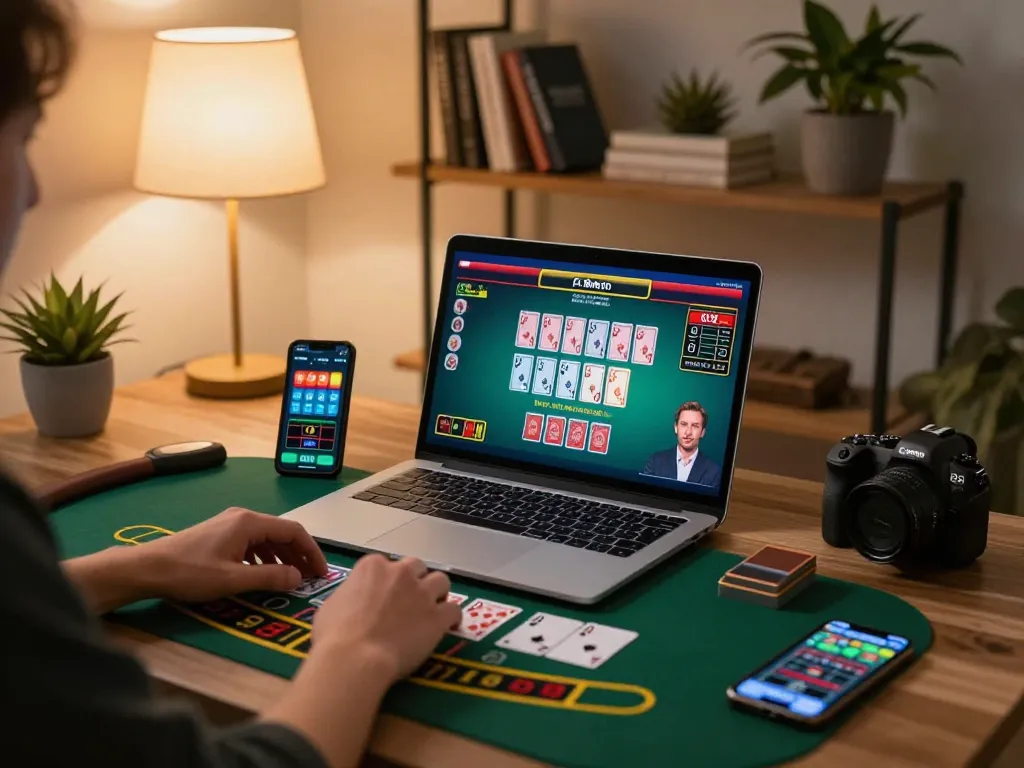 Player engaging in live dealer blackjack on TG88 platform, showcasing a cozy home gaming setup.