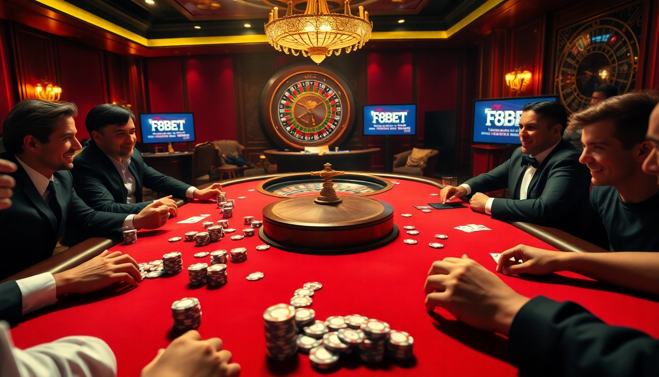 Players engaging in high-stakes poker at F8bet.com with vibrant casino elements.
