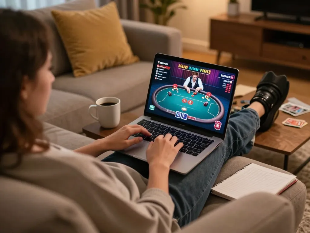 Engaging online gaming session at https://rr88.navy/ showcases player strategizing with poker on laptop and relaxing setting.