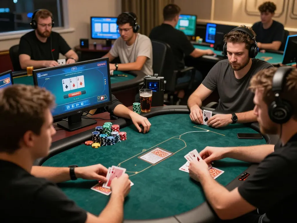 Engage in thrilling poker action at https://tr88bet.com/ with multiple screens showcased in a comfortable gaming setup.