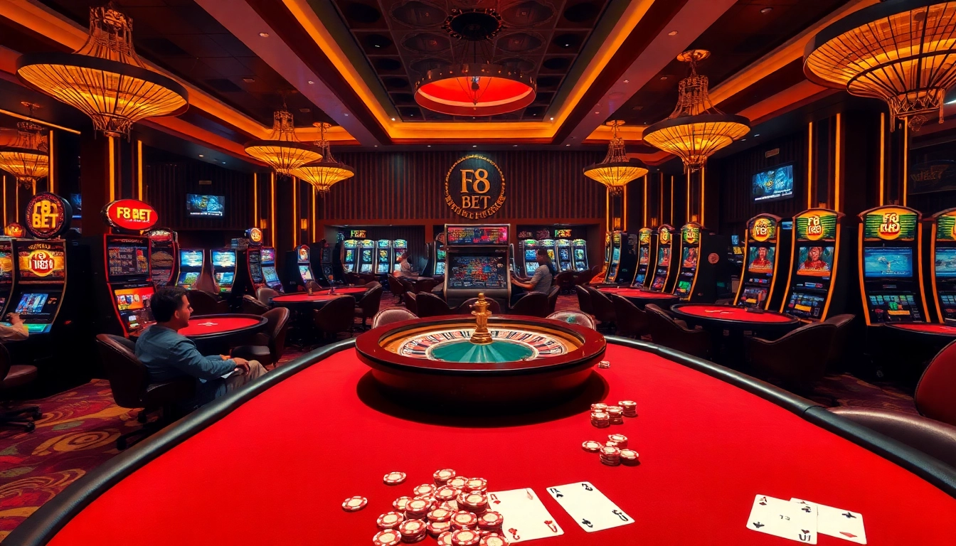 Exciting F8 BET gambling scene featuring poker tables and slot machines.