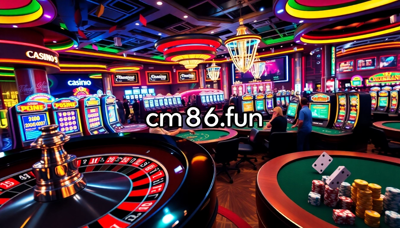 Experience the thrill of gambling at cm886.fun with vibrant casino visuals of roulette and poker tables.