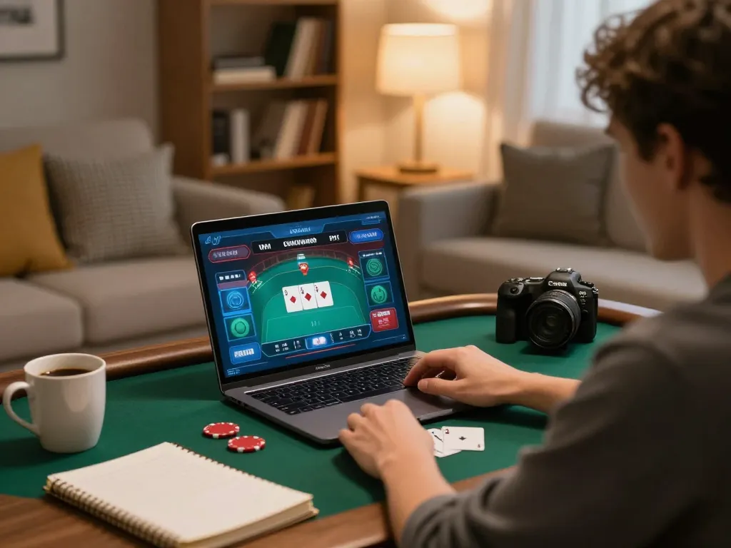 Playing poker online at home using https://f168.sarl/ on a laptop with strategic notes around.