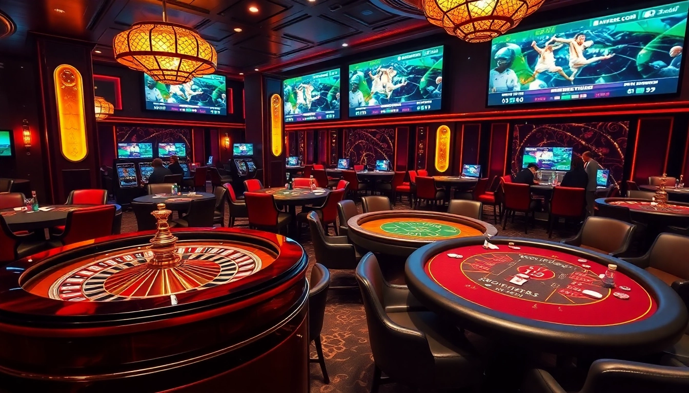 Experience the thrill of ดูบอลสด 991 in a luxurious casino setting with poker tables and roulette wheels.