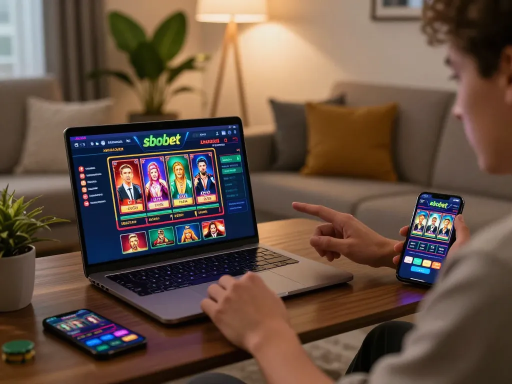 Engaging with sbobet online casino gaming interface on laptop and smartphone in a cozy home setting.