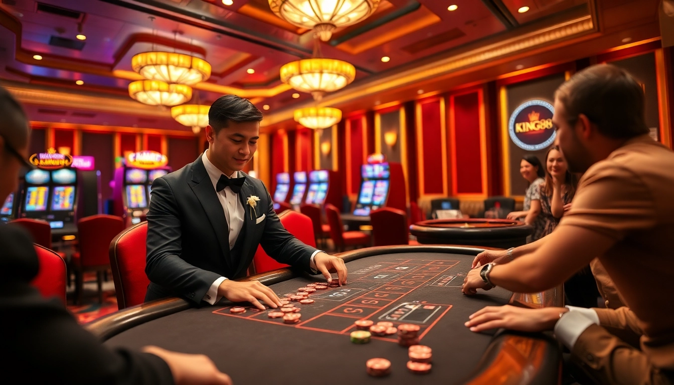 Experience the thrill of gaming with KING88 at a luxurious poker table surrounded by vibrant casino elements.