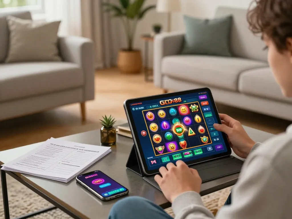 Player enjoying GO88 online gaming on a tablet, showcasing excitement and strategy in a cozy setting.