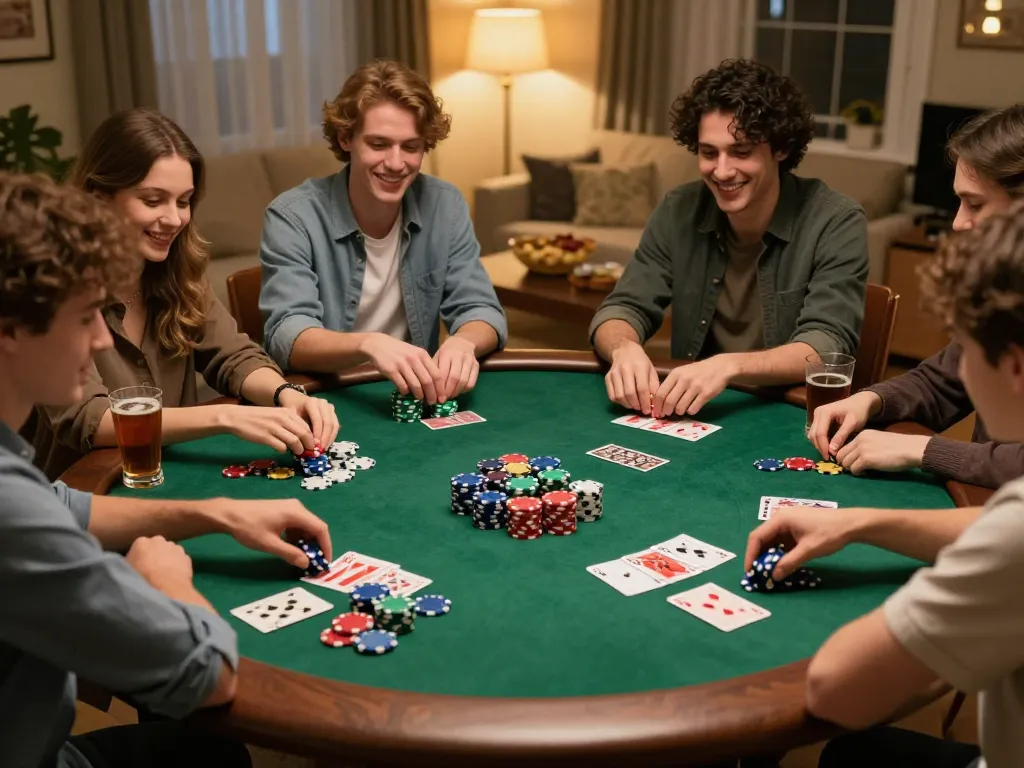 Friends enjoy a poker game night at home, showcasing fun social interaction at https://dabet39.net/ with colorful chips.