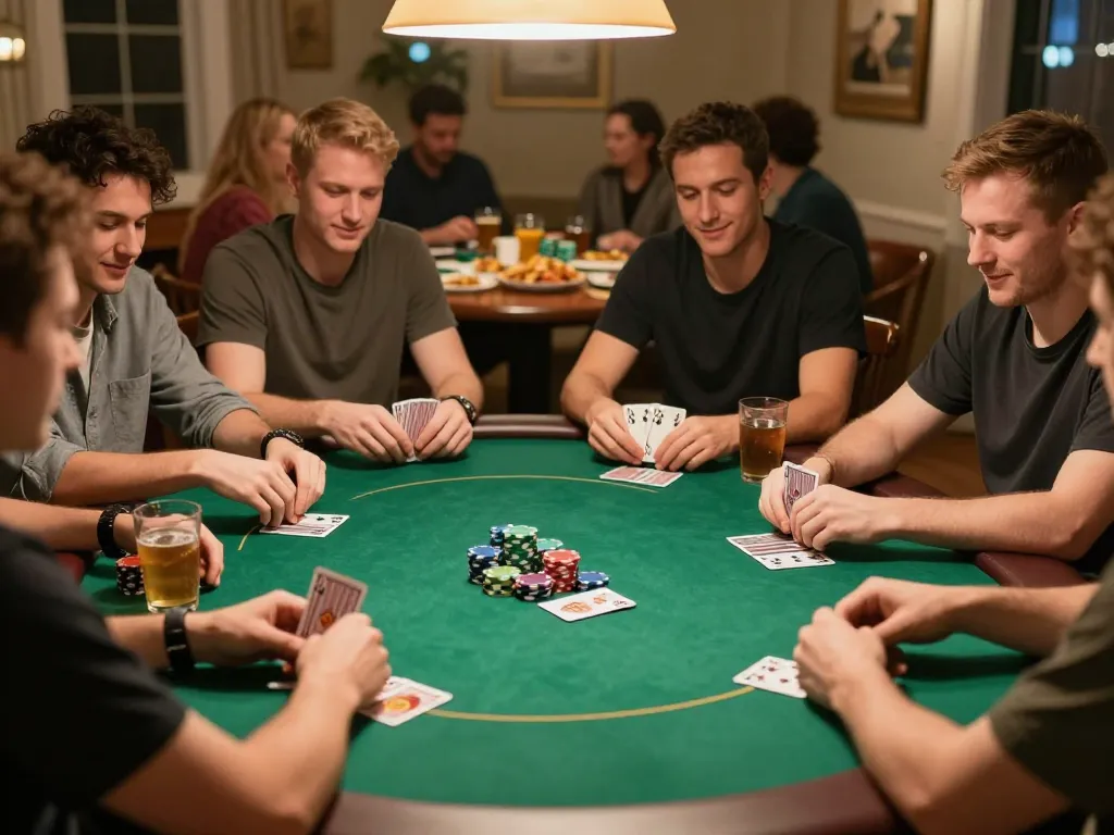 Players enjoy a friendly poker night at home, showcasing excitement with CM88 cards and chips.