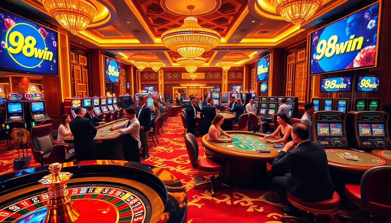 Exciting roulette action at 98win casino with vibrant players and betting chips.