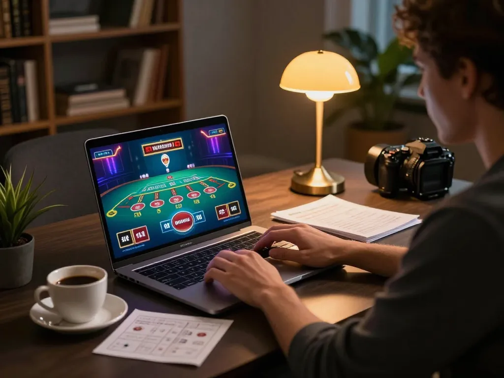 Engaging online casino gaming scene at home using https://f168.osaka/ with laptop displaying live dealer blackjack game.