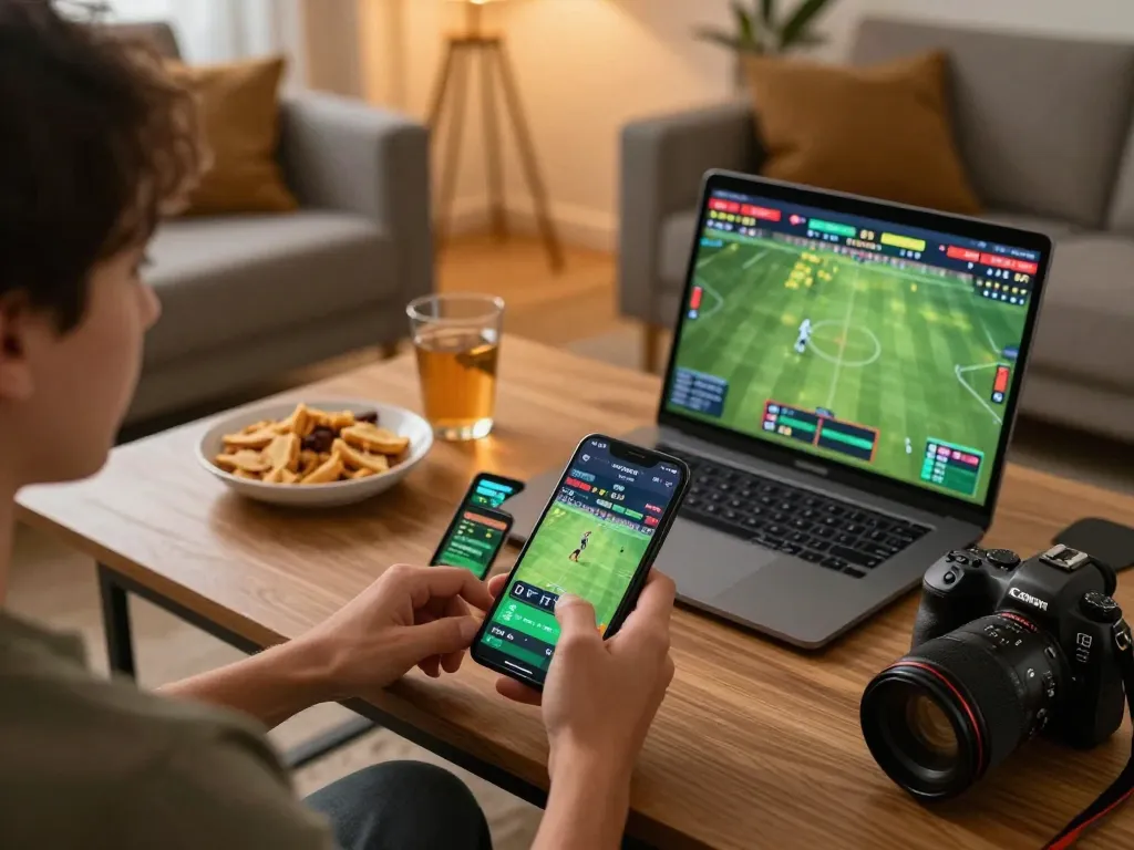 Engaged user placing bets on https://rr88.select/ via smartphone in a cozy living room, showcasing a responsible gaming environment.