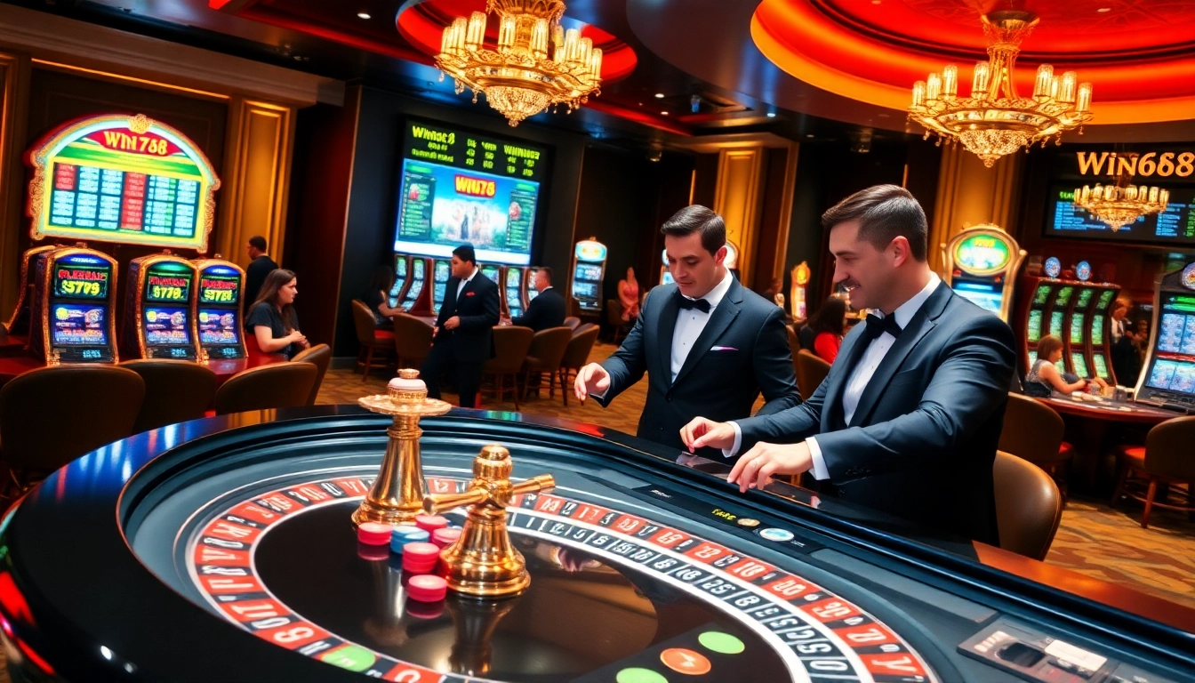 Win678 provides an immersive gaming experience with players enjoying roulette at a luxe casino.