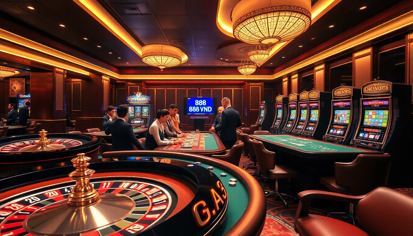 Experience the excitement of gambling with link 888VND showcased among roulette wheels and poker tables.