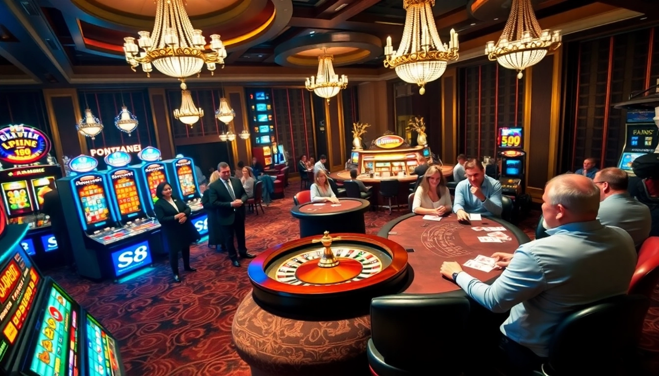 Players enjoying a thrilling moment at the S8 casino, featuring roulette, blackjack, and vibrant slot machines.