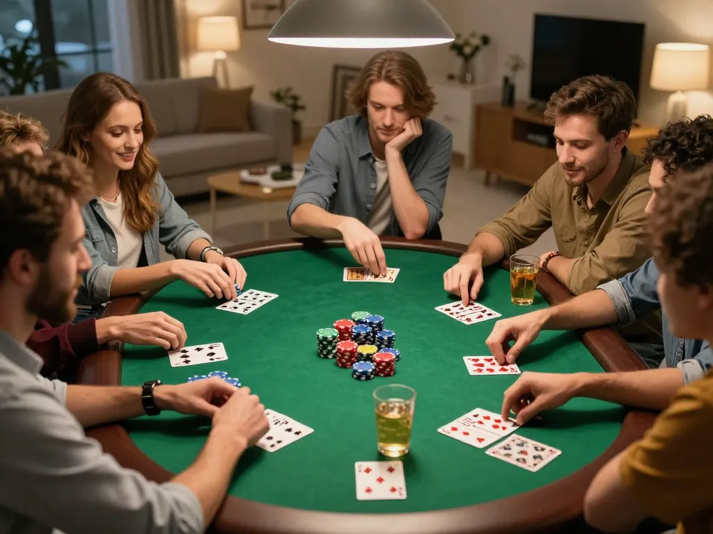 Friends playing engaging poker night at home with strategy and camaraderie, discover https://mm88.today/ for gaming tips