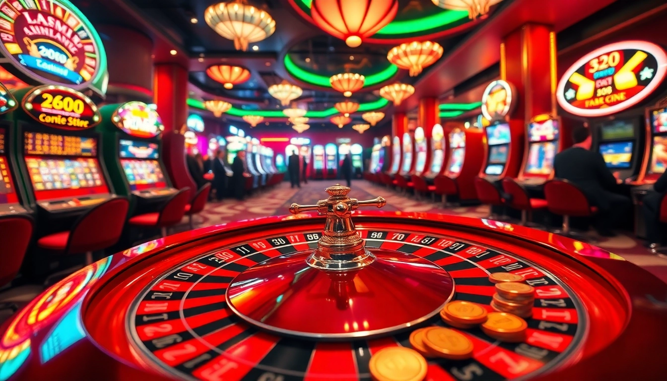 Players eagerly gamble at a casino featuring win98-themed slot machines and roulette, exuding excitement.