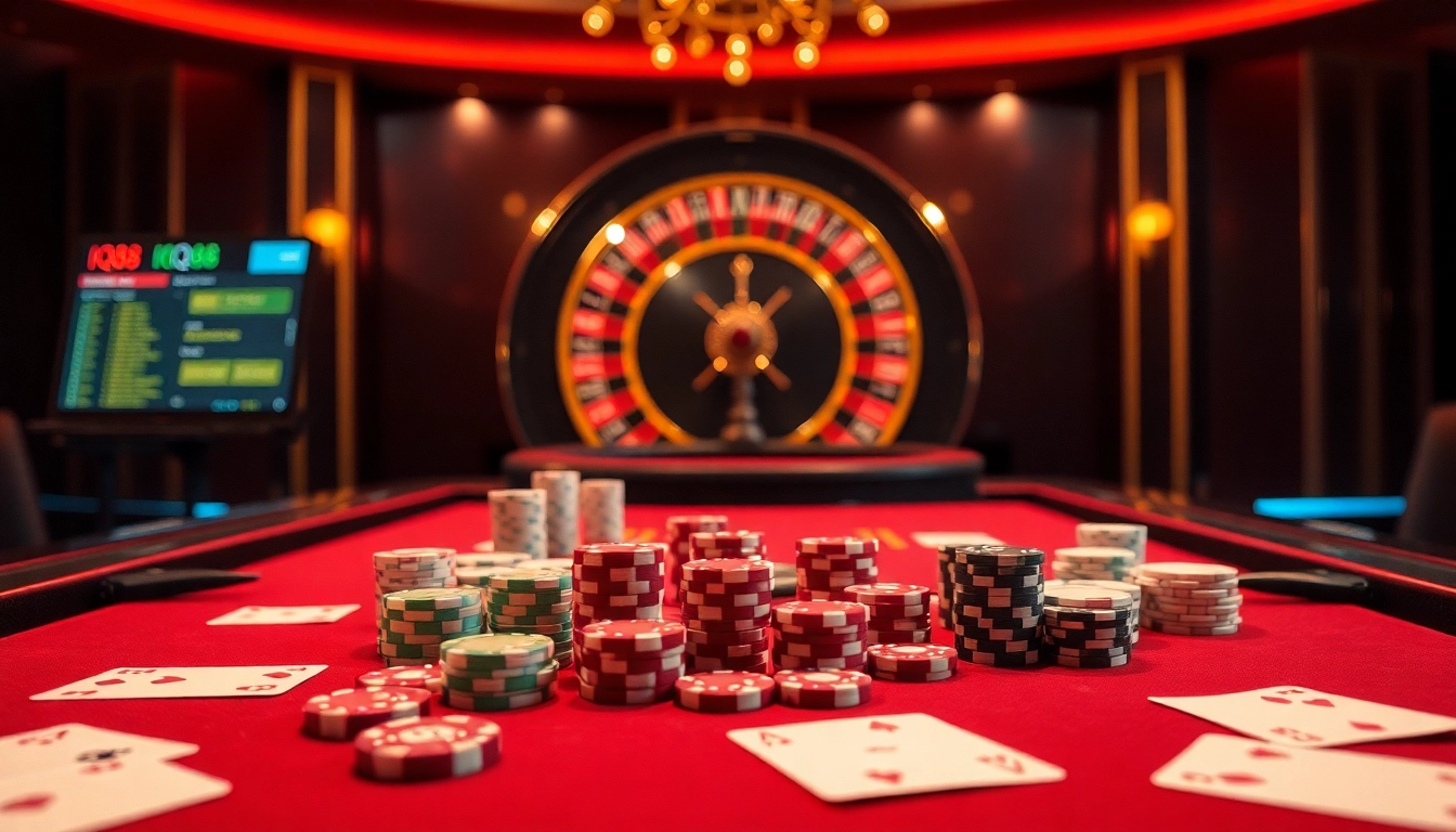 Players engaging in thrilling games at the iq88 casino table with vibrant chips and cards.