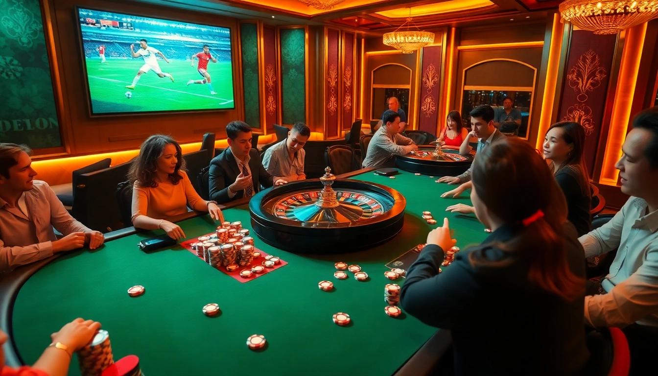 Xem trực tiếp bóng đá while enjoying an exciting casino atmosphere with poker and roulette tables.