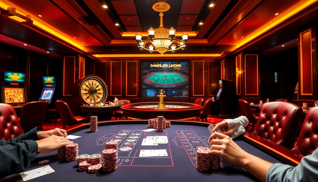 Exciting gambling scene showcasing ok365 com vn with poker players and roulette wheel.