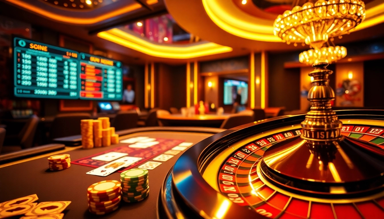 Experience the luxury of winning at Sun Win with casino tables and vibrant gaming elements.