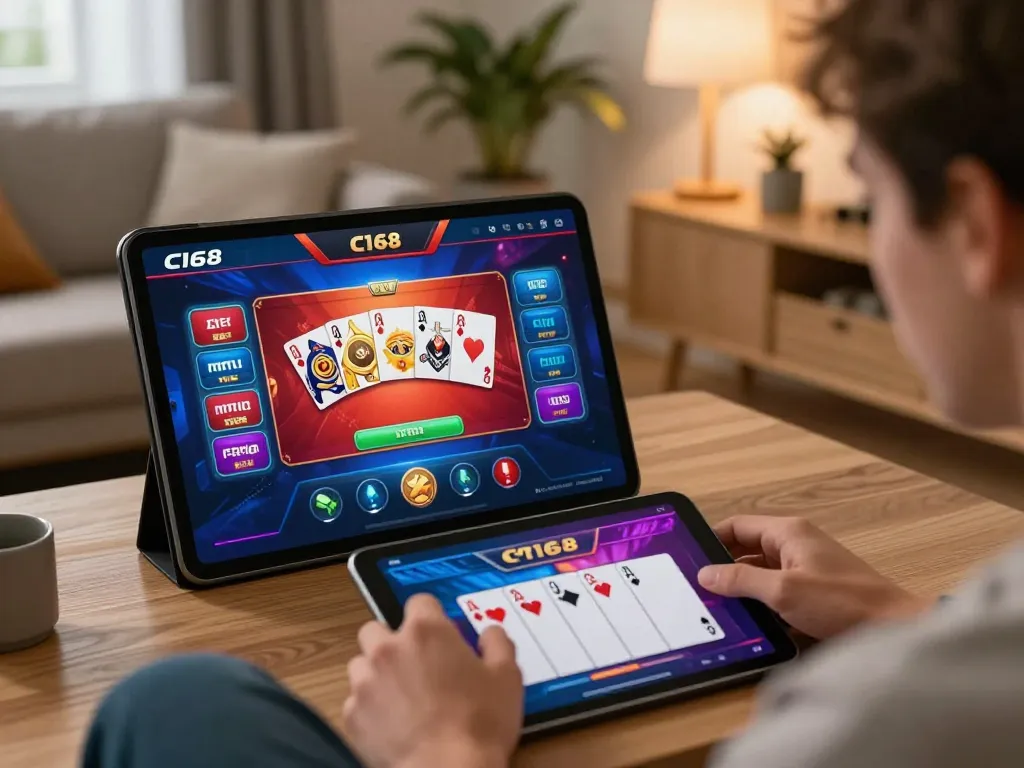 C168 player engaged in online gaming with winning hand in cozy home setting