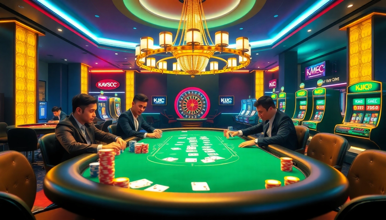 KJC-themed casino table with vibrant poker game setup and betting chips.