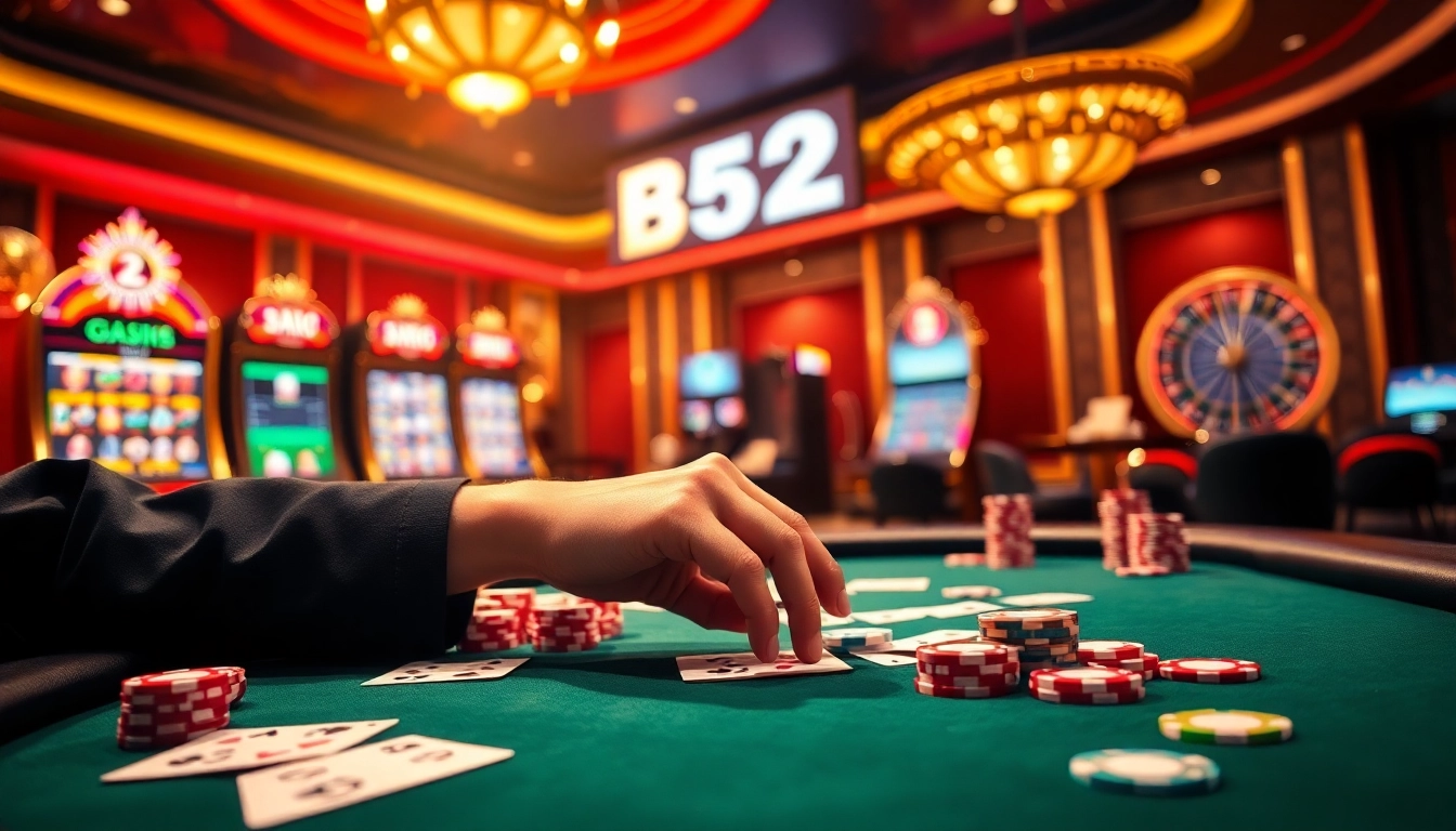 B52 players engage in high-stakes poker at an elegant casino table, showcasing excitement and strategy.