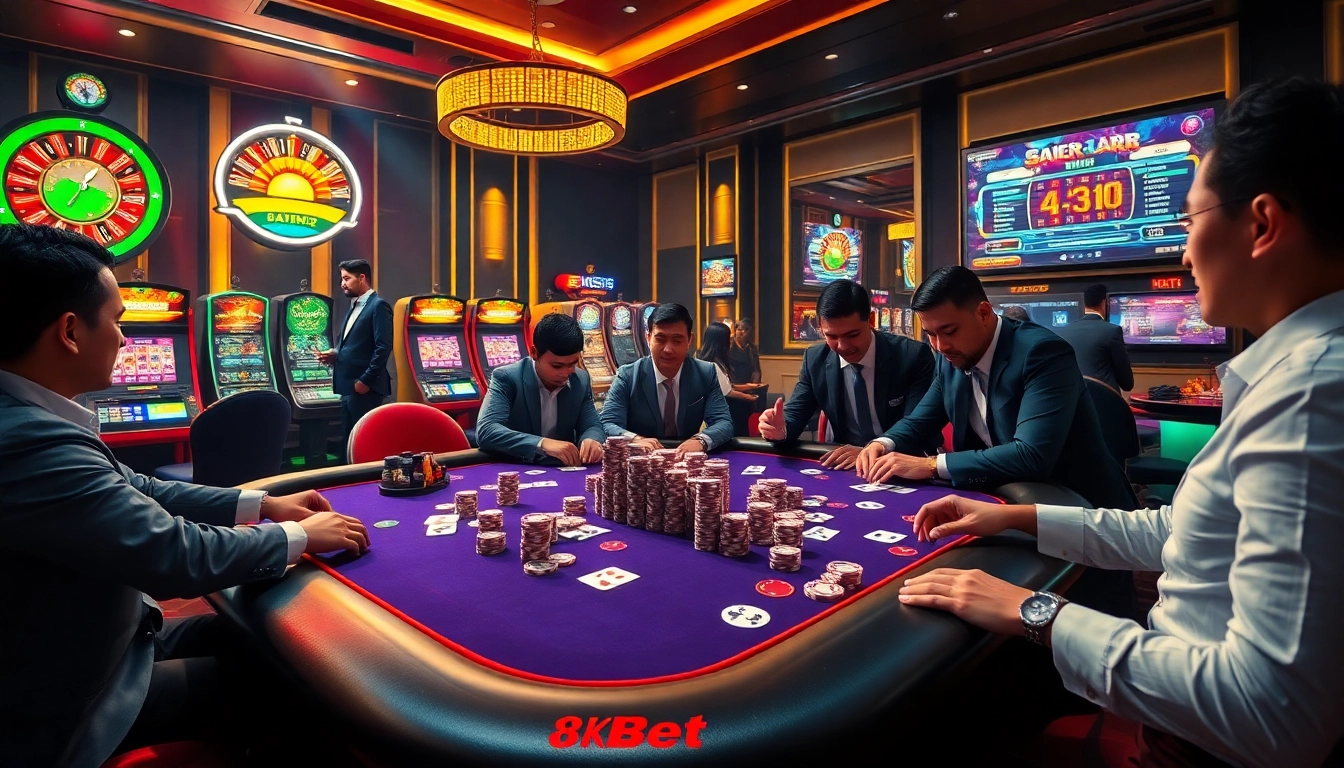 8kbet players enjoying vibrant poker games at a luxurious casino environment.