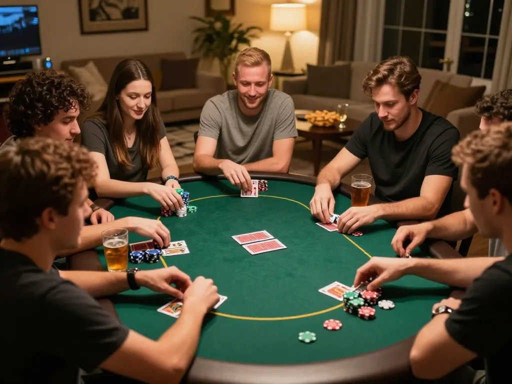 Players enjoying a lively poker night at home with 789CLUB cards and chips on display, showcasing strategic gameplay.