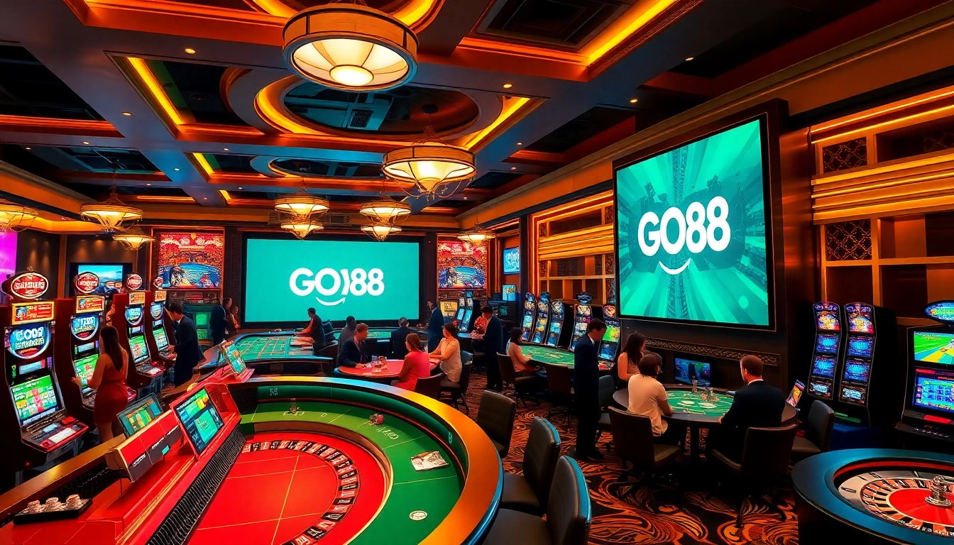 Players engaging in exciting games at GO88 casino with vibrant slot machines and roulette wheels.