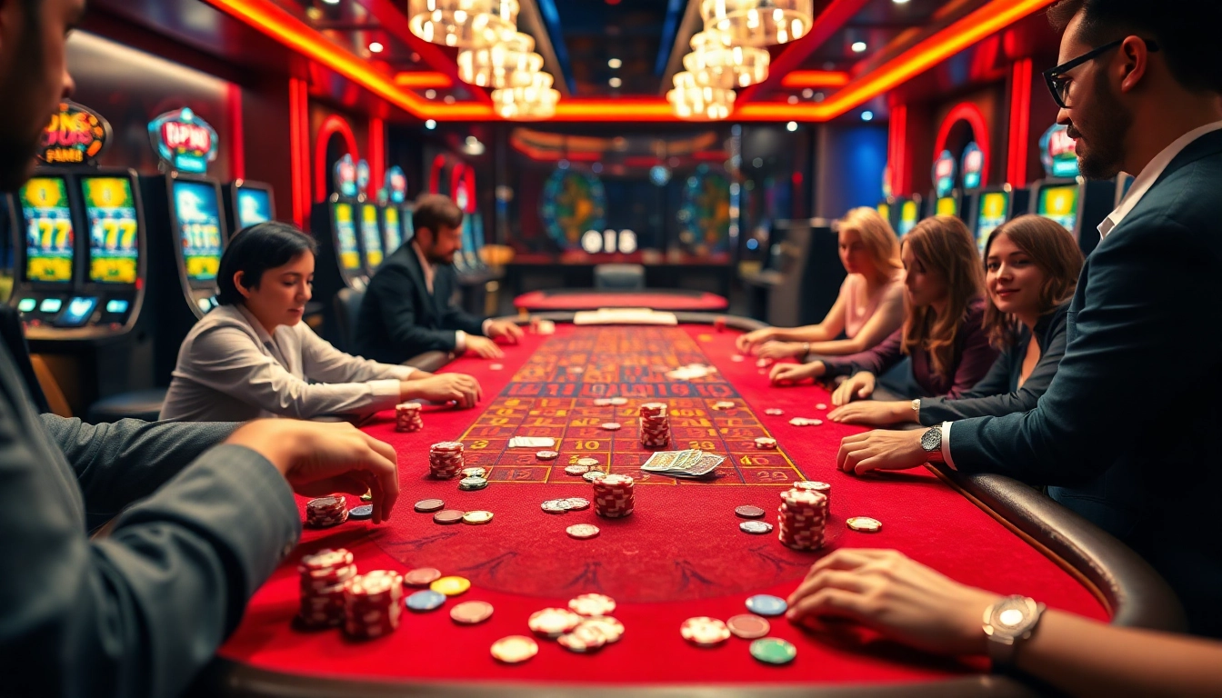 Players enjoying a thrilling game at an iq88 casino table, surrounded by vibrant gambling elements.
