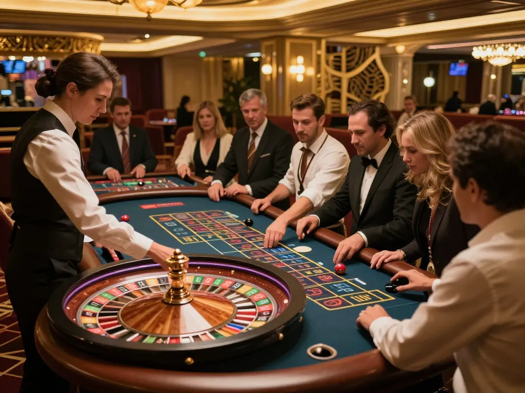Players engaging actively around a roulette table at the F168 casino, showcasing excitement and betting strategy