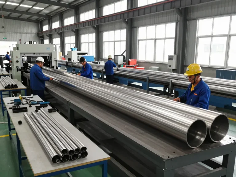Sumwin stainless steel pipes being crafted in a busy industrial factory with skilled workers.