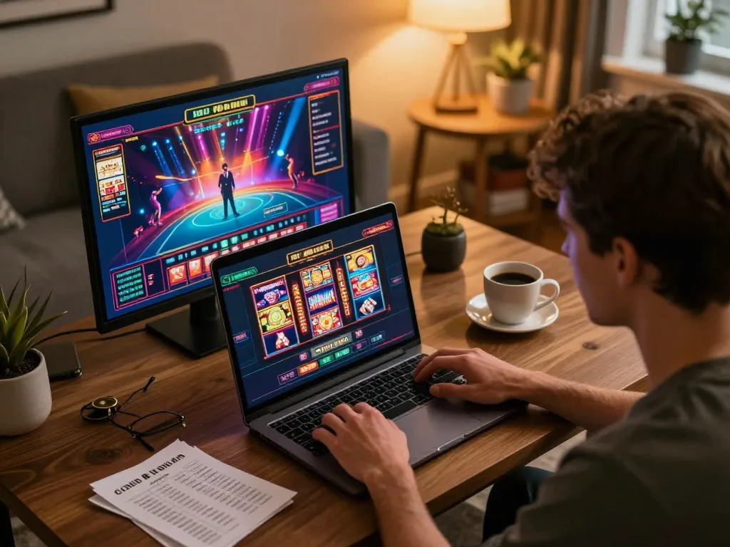 Player engaging with CM88 online casino on laptop, showcasing live dealer action and vibrant game graphics.