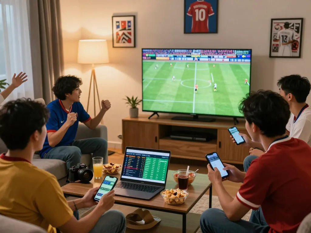 Friends engaging in debet sports betting during a live football match
