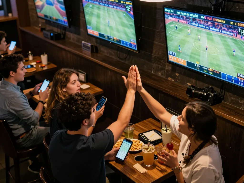 Engaged patrons betting on sports at F168 with lively atmosphere and screens displaying odds.