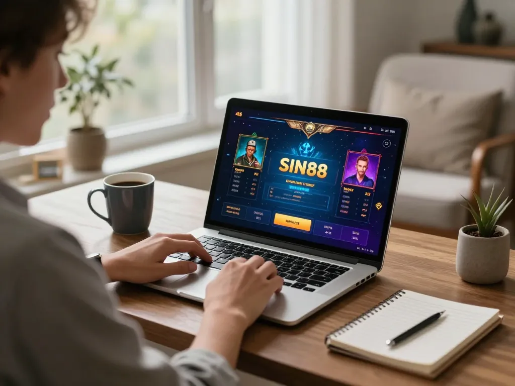 Engaging in sin88 đăng nhập at home, highlighting online gaming setup for strategic plays