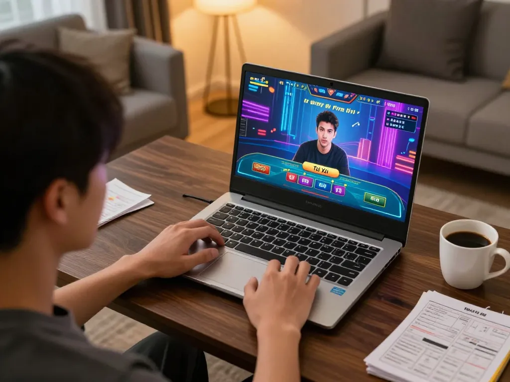 Tài Xỉu online game on laptop screen, showcasing exciting gameplay in a cozy home setting.