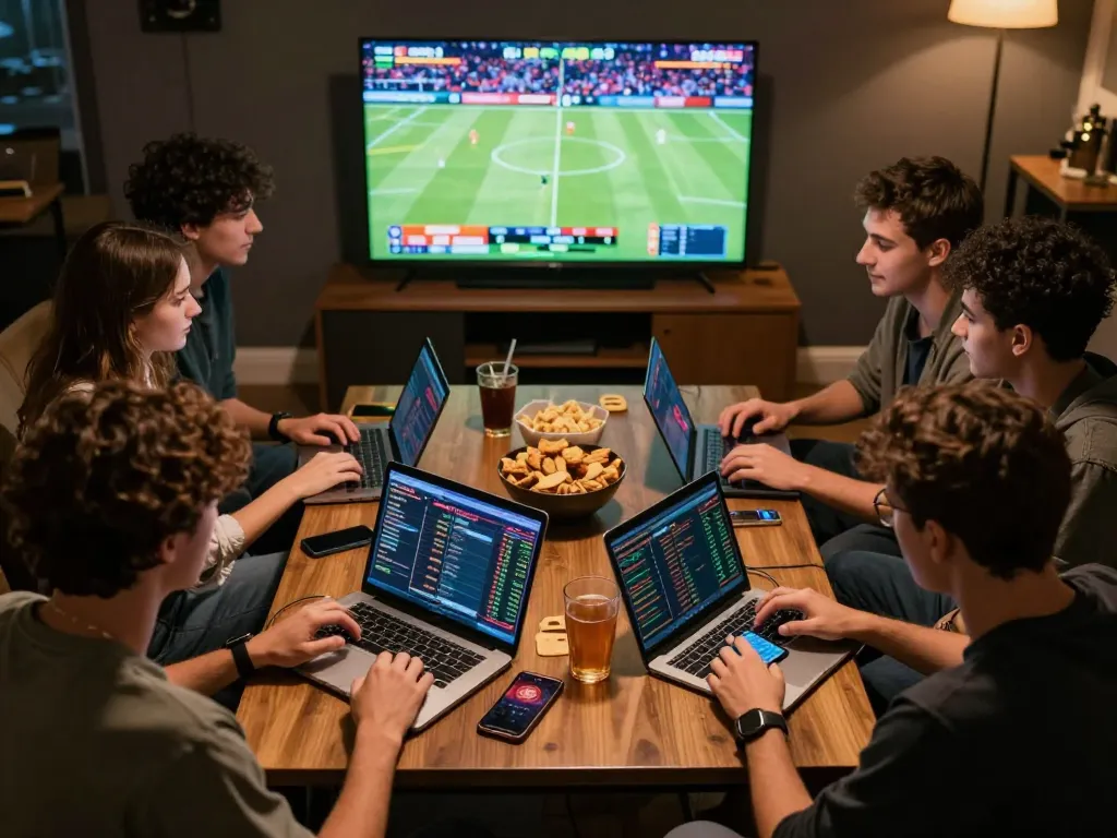 Friends placing bets and celebrating victories through link F8bet in an engaging sports betting event.