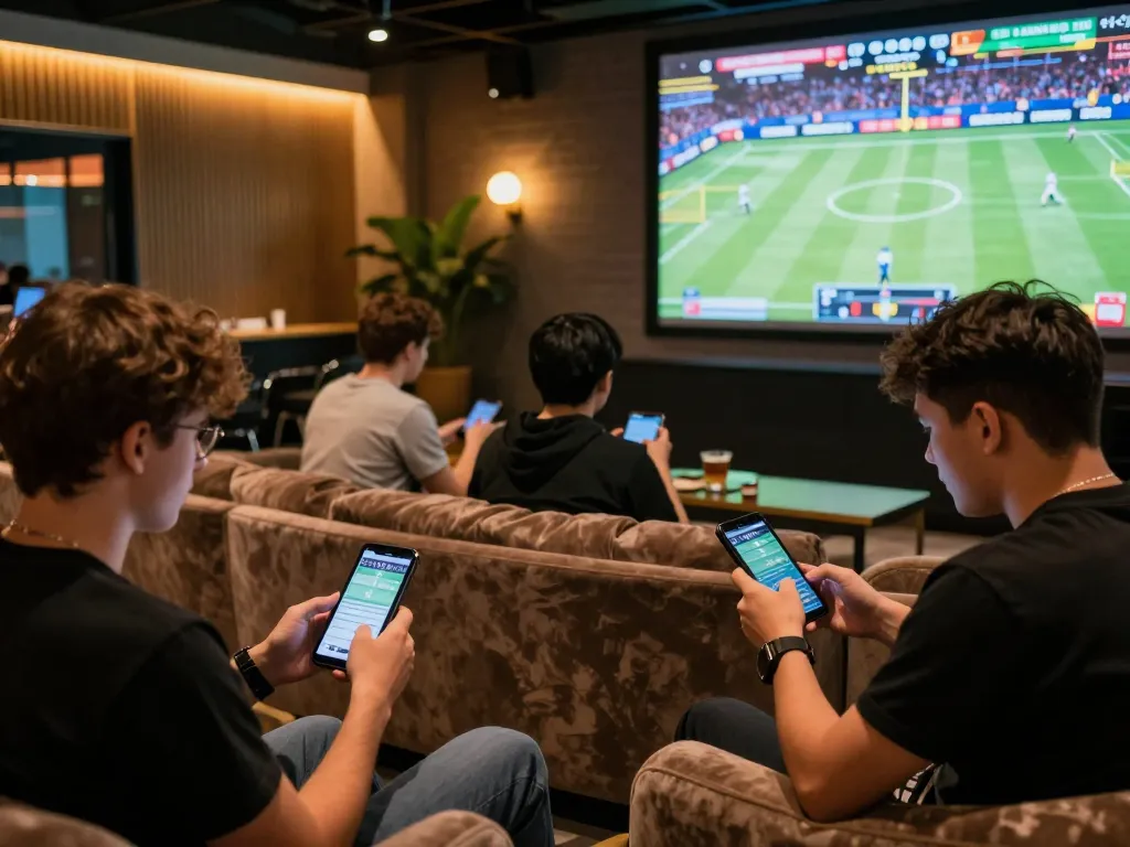 MMOO users betting on sports using mobile devices in a vibrant lounge setting