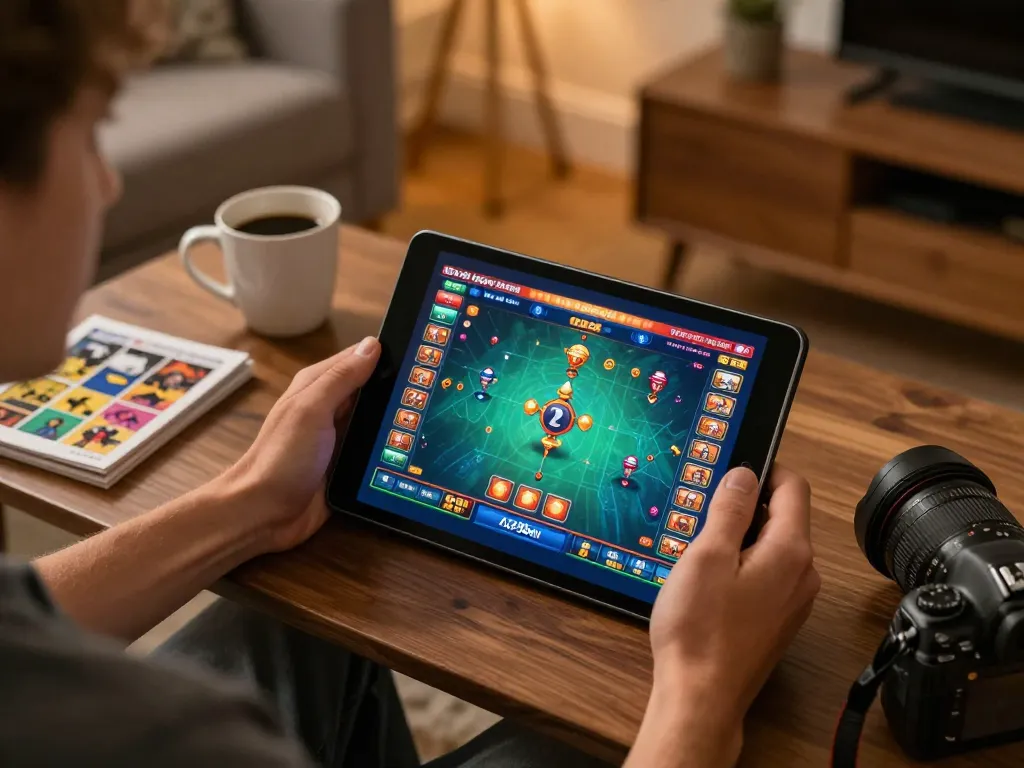 A player immerses in Ace96au casino games on a tablet in a cozy home setup.