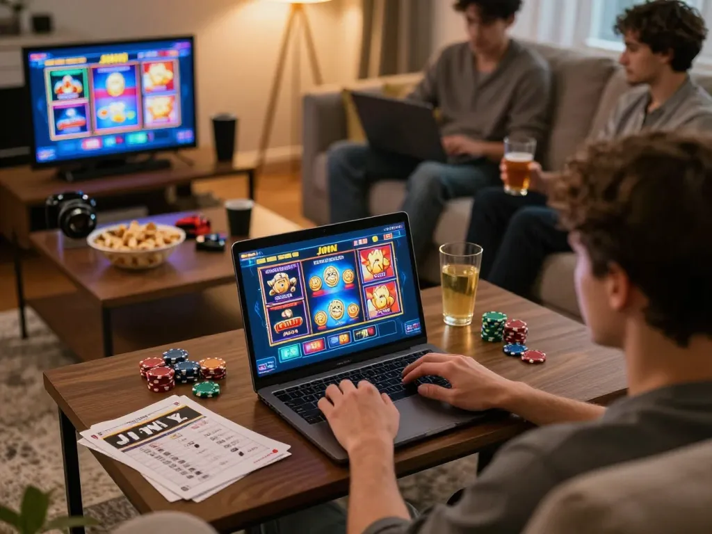 Engaging online gaming experience on jjnn with vibrant slot games displayed on laptop in a cozy living room.