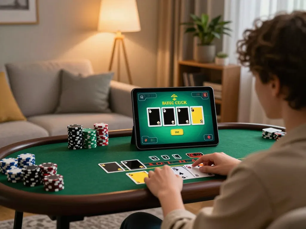 Player enjoying f168 ultra-realistic online blackjack game on tablet with cozy home ambiance.