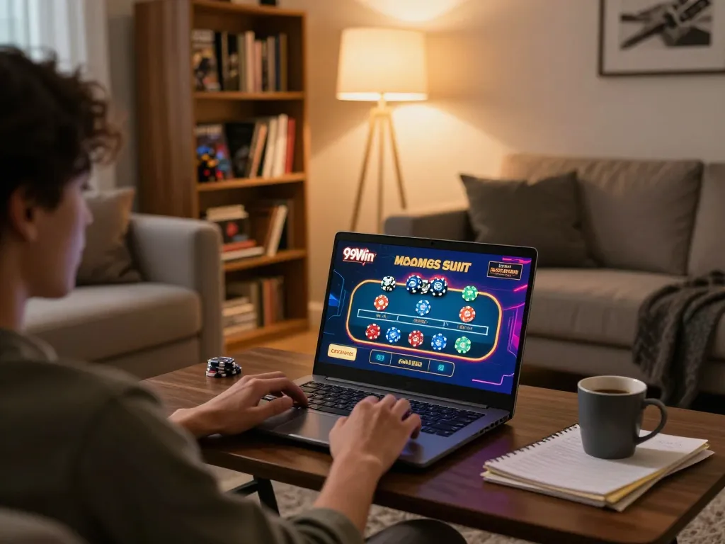 Engaged player optimizing their strategies at 99Win online casino game setup in a cozy room