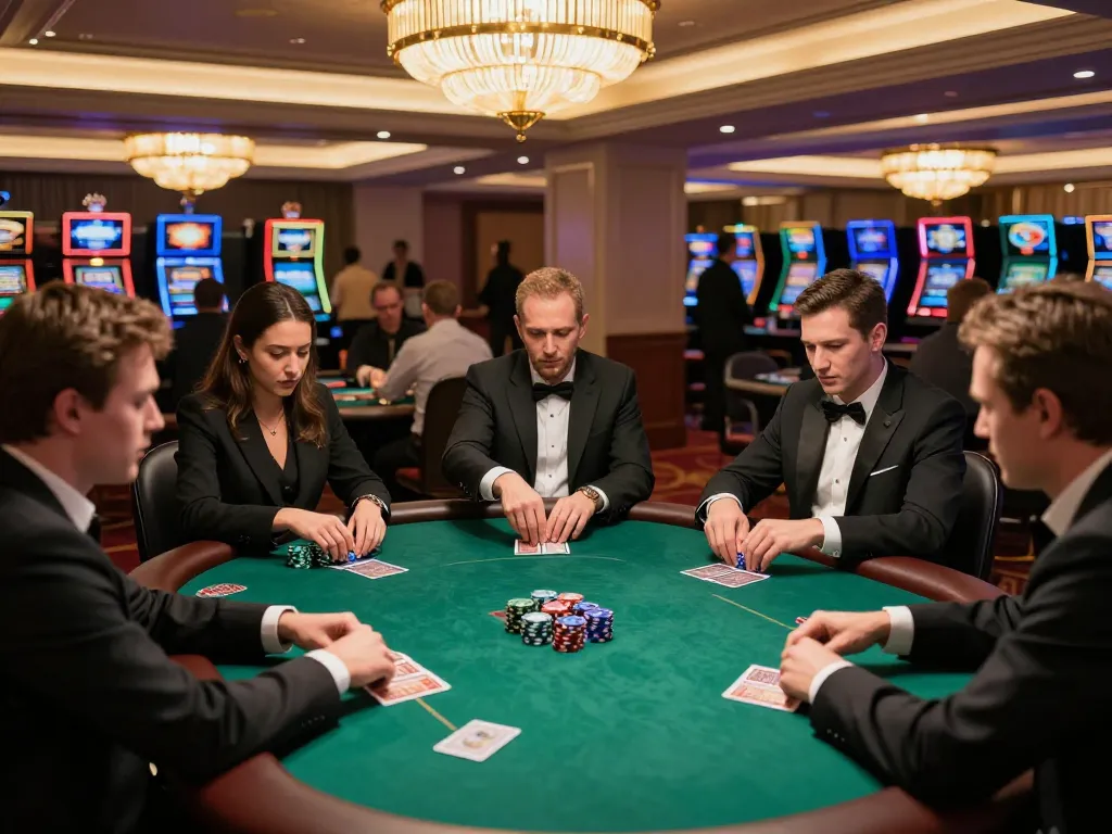 Engaging atmosphere of a high-stakes poker game at an upscale casino featuring man88a players enjoying strategic gameplay