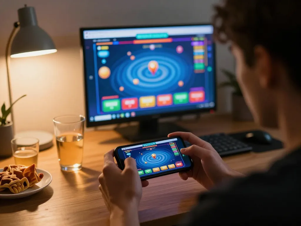 Player using EQ9 app for online gaming, showcasing vibrant interface and strategic engagement