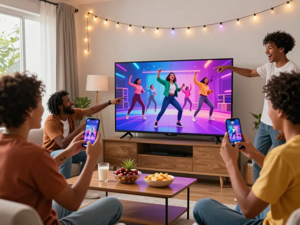 Friends enjoying a Kling AI dance video together in a lively home setting.